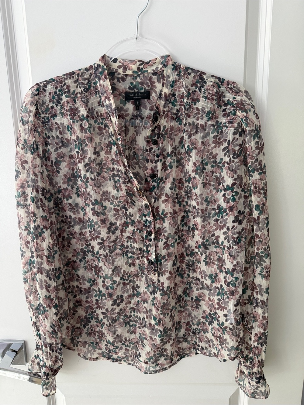 rag & bone Cream Floral Pintuck Blouse with Mauve & Teal Accents